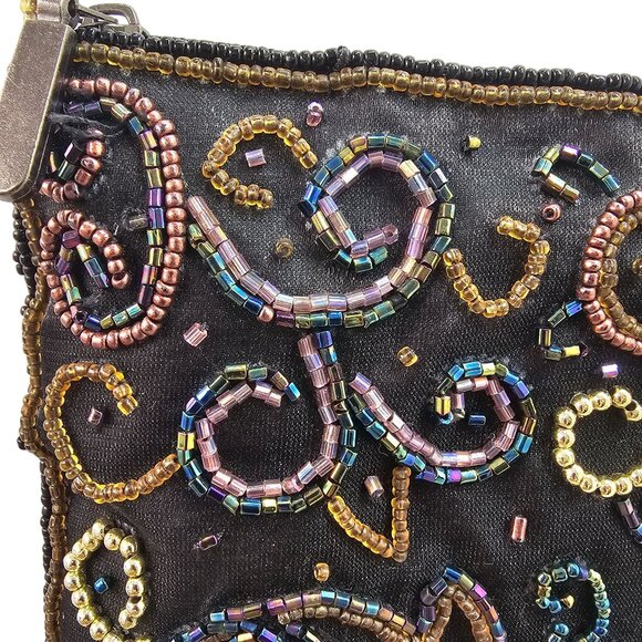80s Jessica McClintock Fringe Beaded X-Body Bag Multicolor on Brown Zip Close - Picture 4 of 10